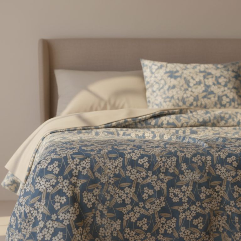 Completo letto matrimoniale Camilla - vista dettaglio lenzuola floreale azzurro denim