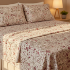 Completo letto matrimoniale Maddalena – fantasia floreale beige con fiori rosa antico e bordeaux