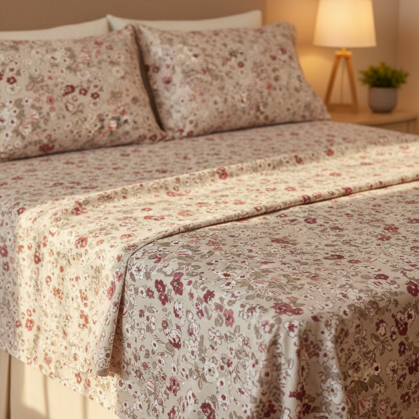Completo letto matrimoniale Maddalena – fantasia floreale beige con fiori rosa antico e bordeaux