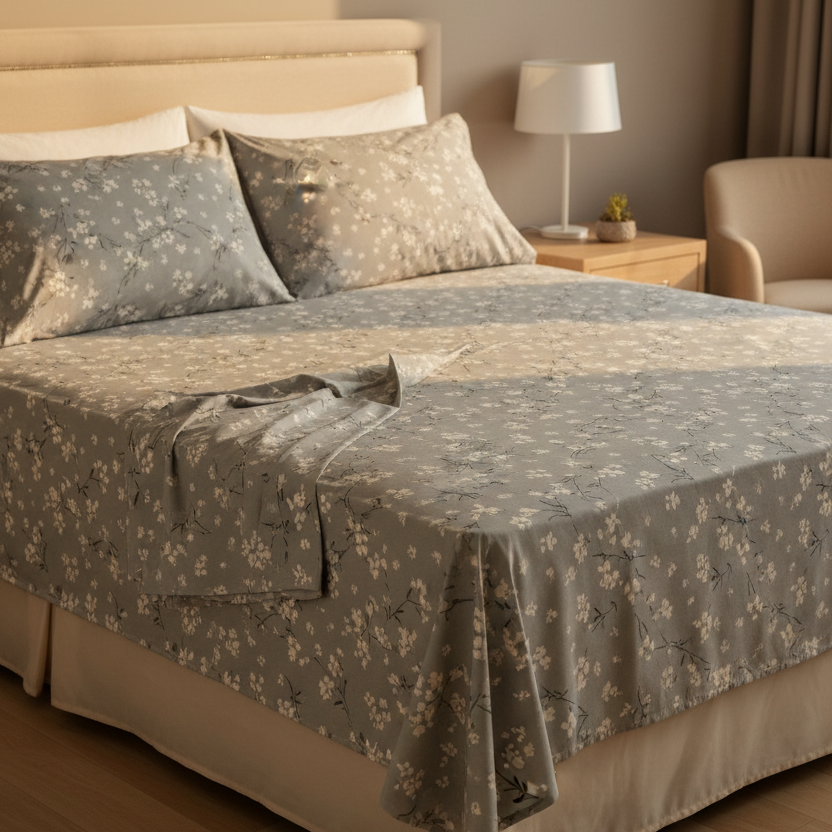 Completo letto matrimoniale Rossella – fantasia floreale liberty grigio tortora con fiori bianchi