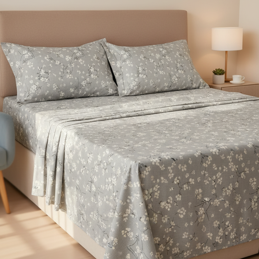 Completo letto matrimoniale Rossella – vista laterale con federe abbinate fantasia liberty