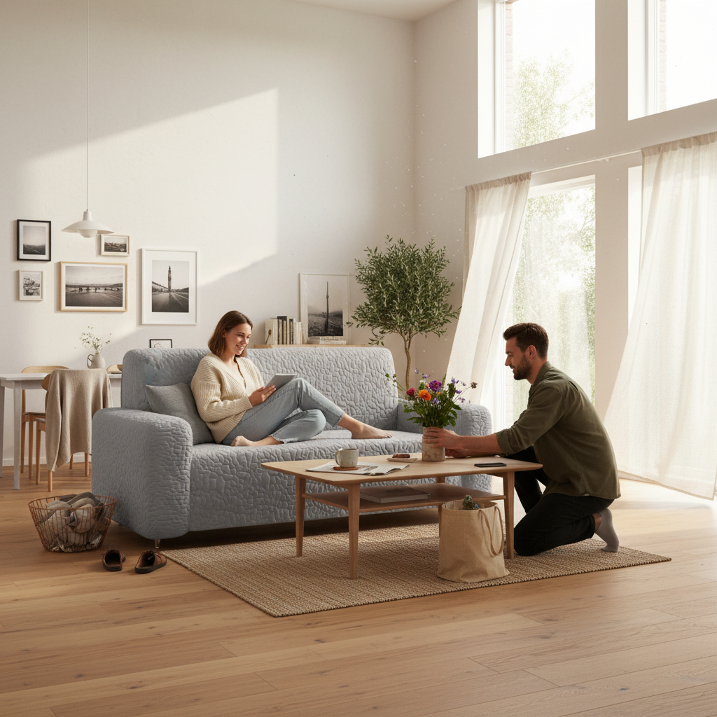 Copridivano elasticizzato beige in soggiorno luminoso