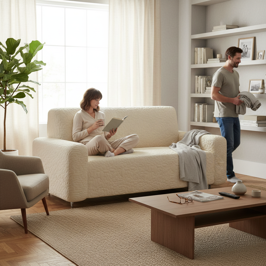 Copridivano elasticizzato beige con coppia in soggiorno