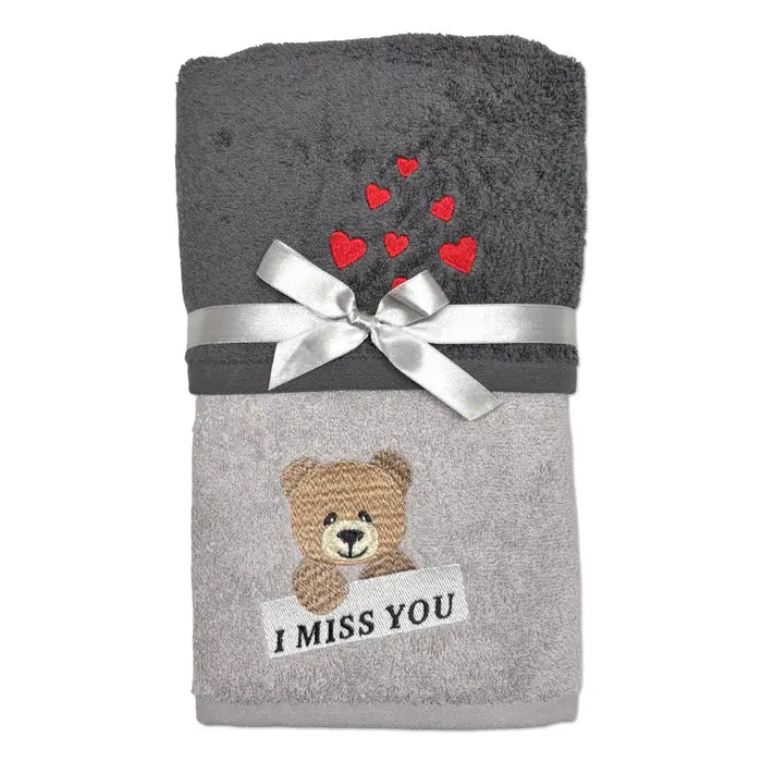 Coppia Asciugamani “I miss You” – set ricamato in cotone - | SOLO PER TE ITALIA
