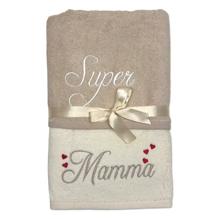 Coppia Asciugamani Super Mamma online – set ricamato in cotone 100 % - | SOLO PER TE ITALIA