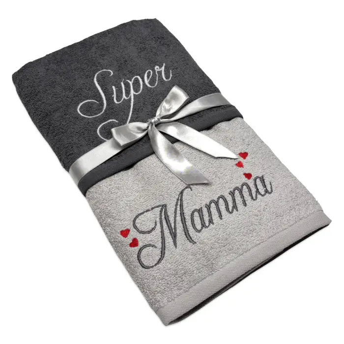 Coppia Asciugamani Super Mamma online – set ricamato in cotone 100 % - | SOLO PER TE ITALIA
