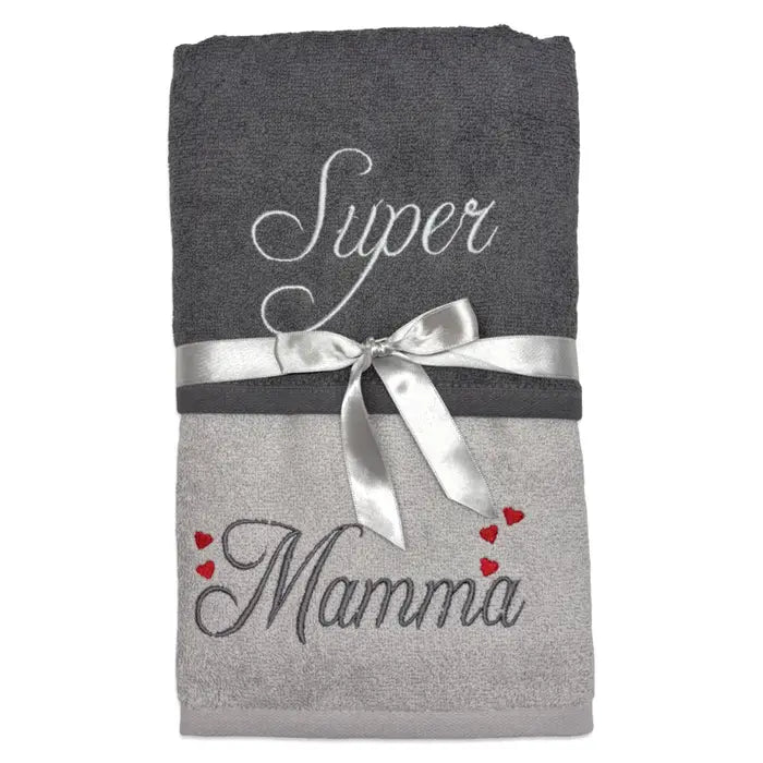 Coppia Asciugamani Super Mamma online – set ricamato in cotone 100 % - | SOLO PER TE ITALIA