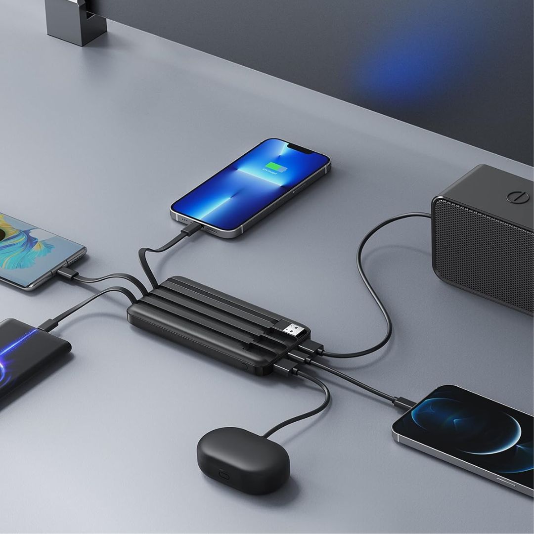 Power Bank 10000mAh con Cavi Integrati – Ricarica Fino a 6 Dispositivi