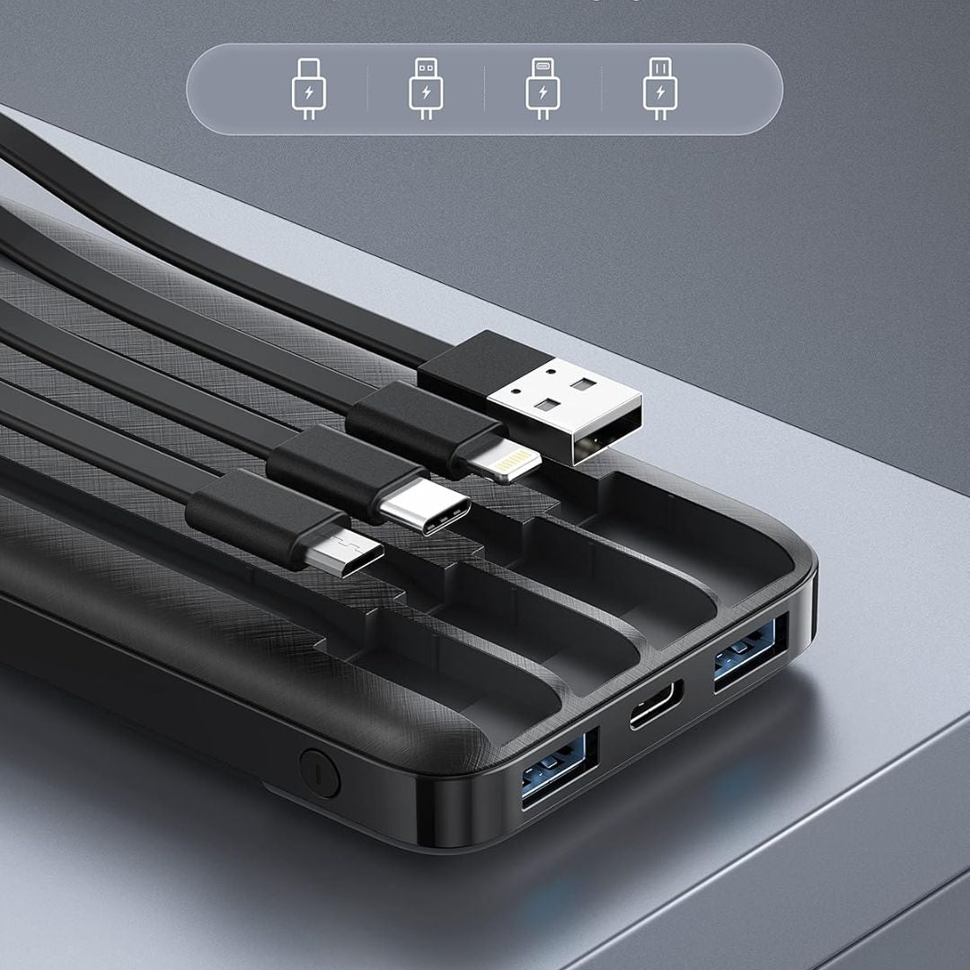 Power Bank 10000mAh Con Cavi Integrati (USB-C, Micro USB), 6 Uscite, Display LED E Custodia – Ricarica Veloce 5V/3A